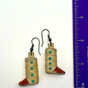 LEATHER INDIAN MOCCASIN BOOT EARRINGS VINTAGE HAND MADE WITH TURQUOISE BEAD  2”